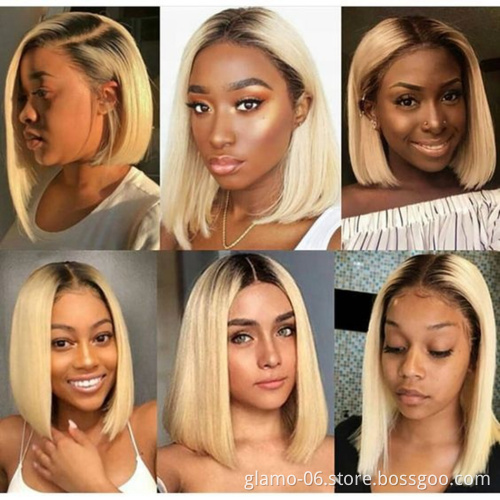 613 Custom Color Blonde Straight Peruvian Human Hair Short Pre-Plucked Transparent Lace Front Bob Wig